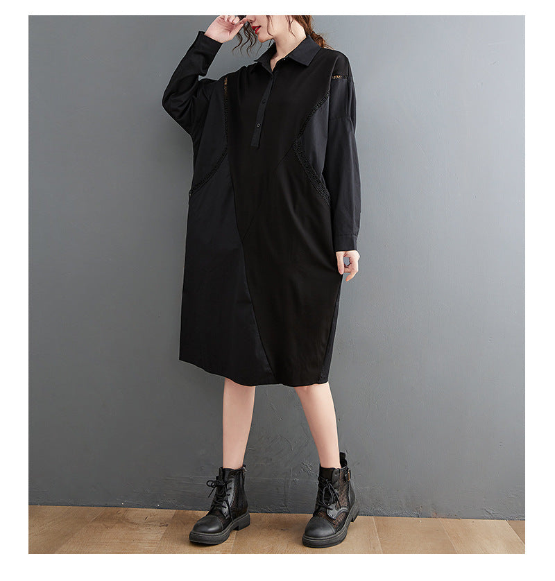 Solid Color Stitching Long-Sleeved Shirt Midi Dress