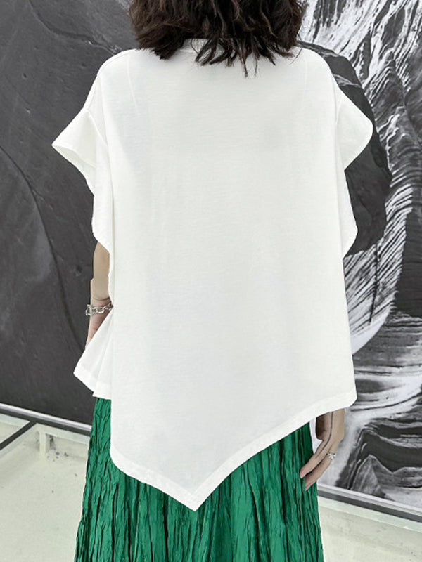 Irregular Clipping Roomy Pleated Pure Color Split-Joint Round-Neck T-Shirts