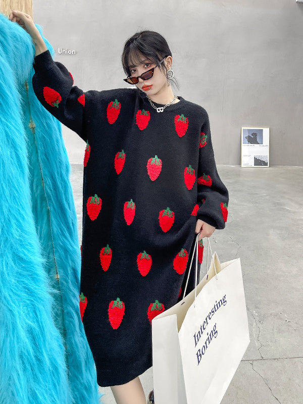 Loose Strawberry Jacquard Knit Midi Dress