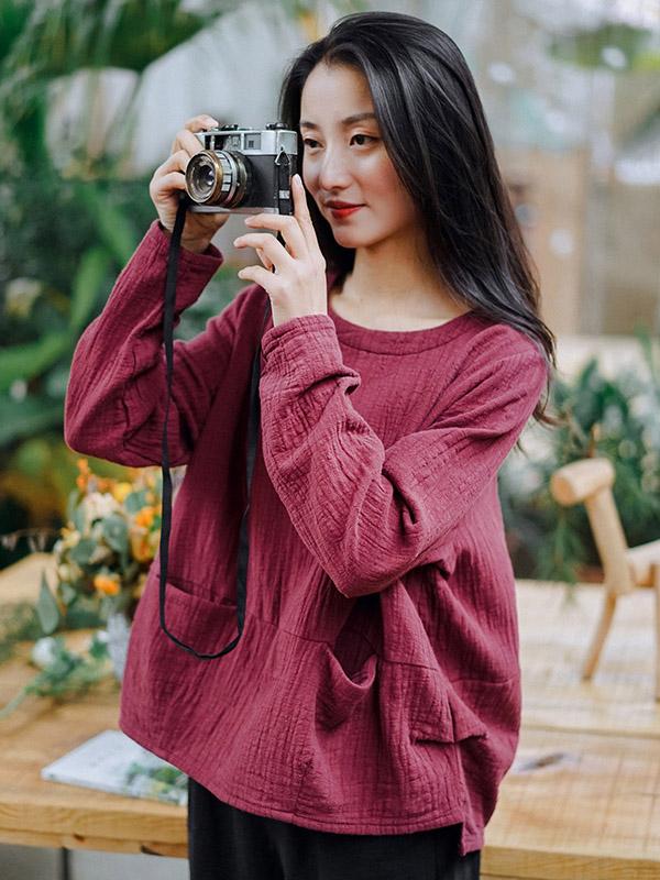 Loose High-Low Pleated Round Neck T-Shirt