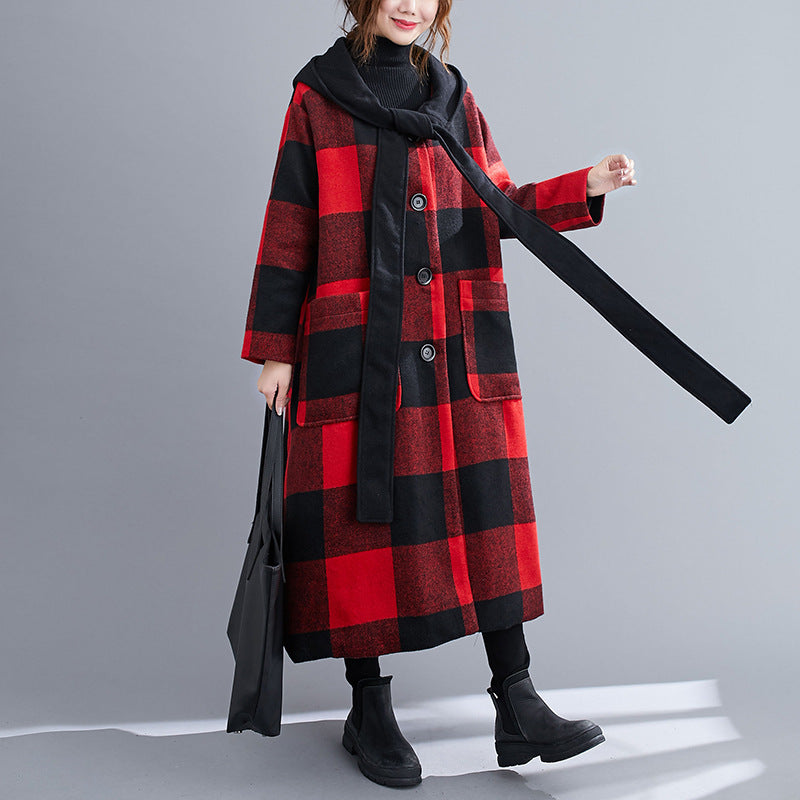 Hooded Thick Woolen Plaid Loose Long Coat