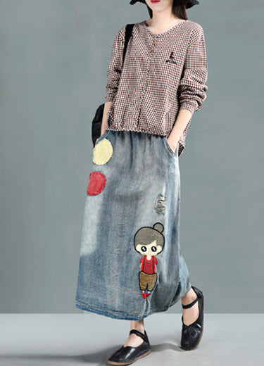 Embroidered Retro A-Line Denim Skirt