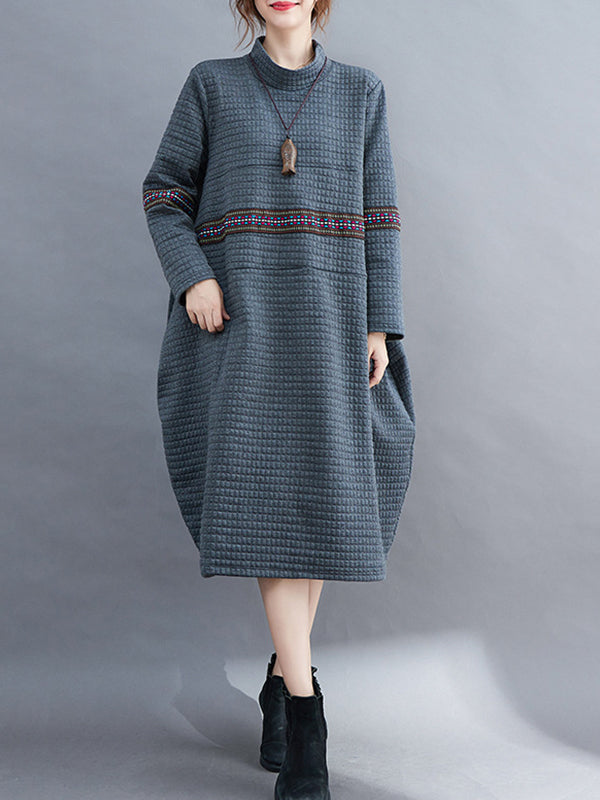 Large Size High Neck Loose Casual Midi Dress