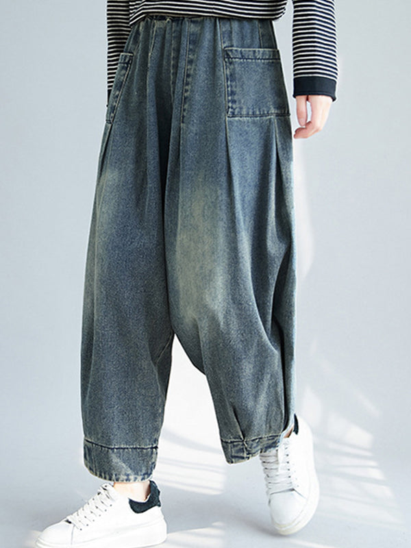 Women Retro Solid Color Loose Casual Pants