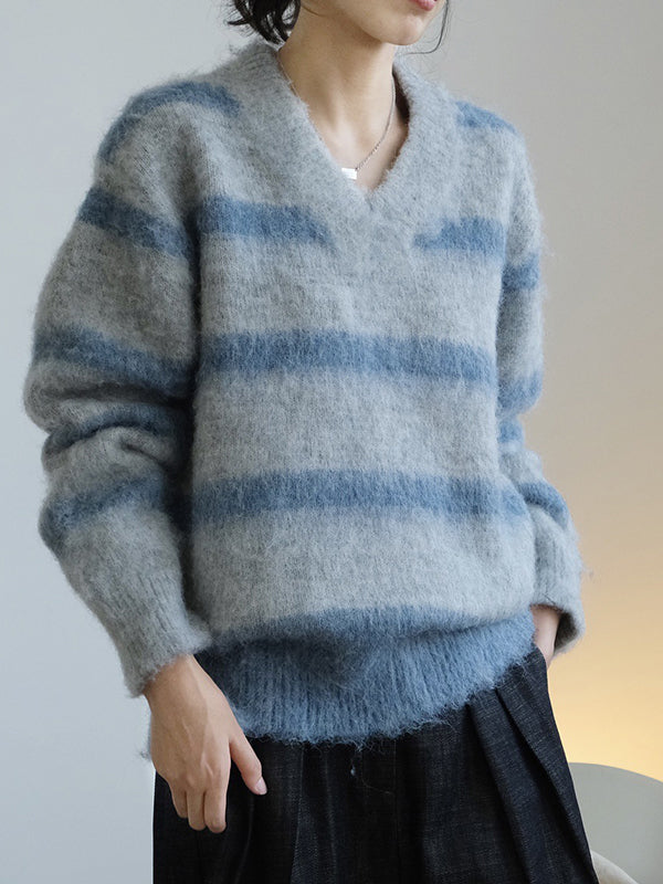 V-Neck Loose Casual Striped Sweater Top