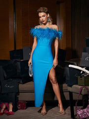 Beverly Off Shoulder Feather Asymmetric Bandage Dress