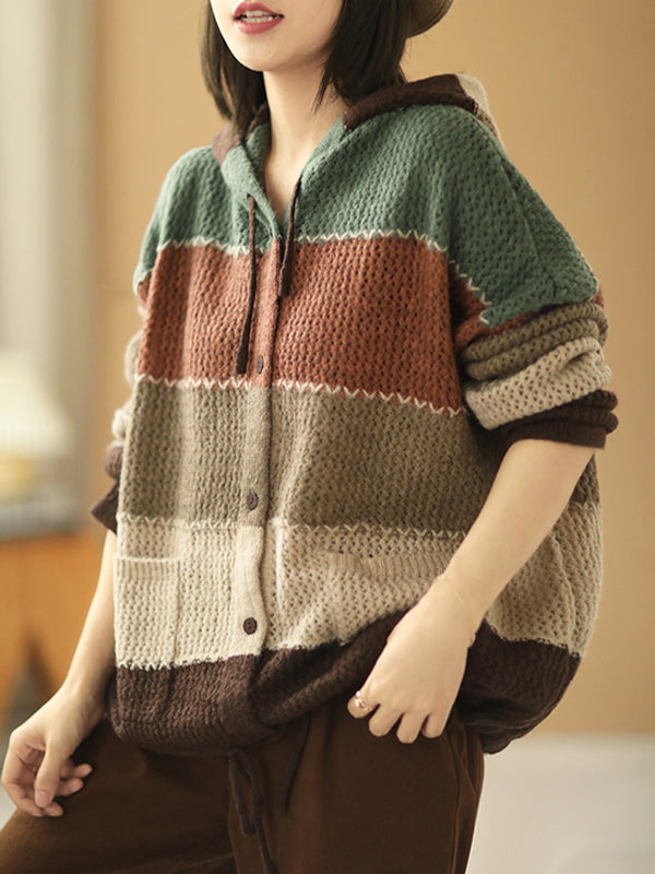 Retro Color Striped Hooded Sweater