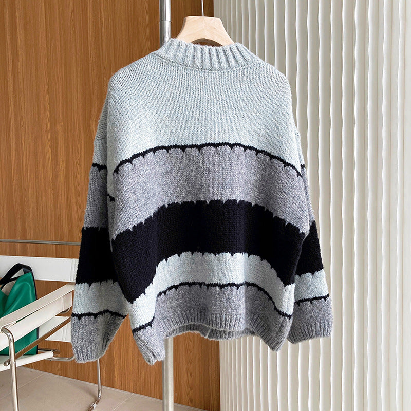 Color Block Round Neck Knitted Sweater Coat