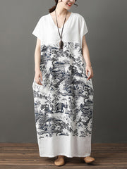 Retro Ethnic Printed Short Sleeve Maxi Dress