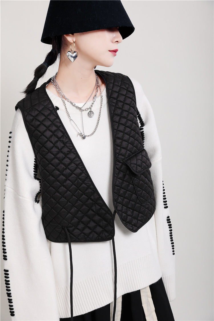 Women Solid Color Diamond Loose Casual Vest