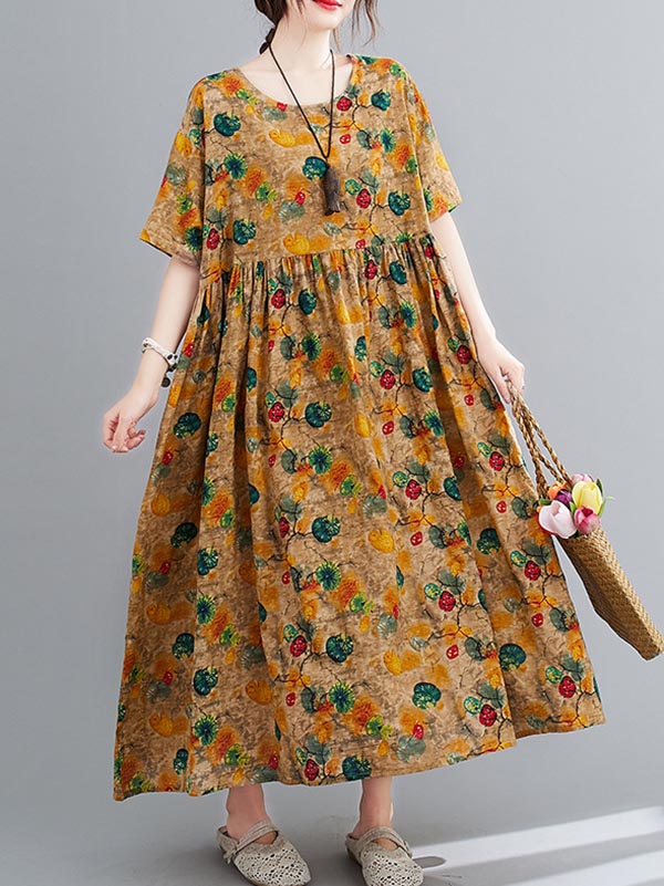 Artistic Retro Floral Round-Neck Dress