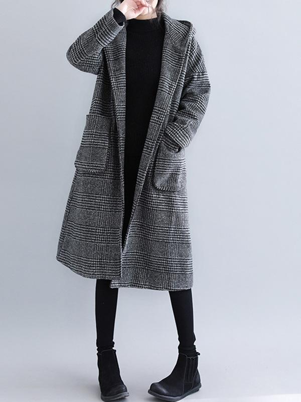 Loose Plaid Woolen Hood Coat