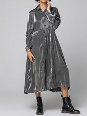 Long Sleeves Roomy Asymmetric Pleated Pure Color Split-Joint Lapel Midi Dresses Shirt Dress