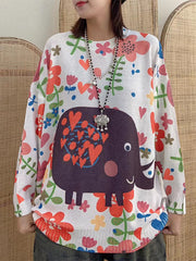 Retro Loose Elephant Printed Sweater