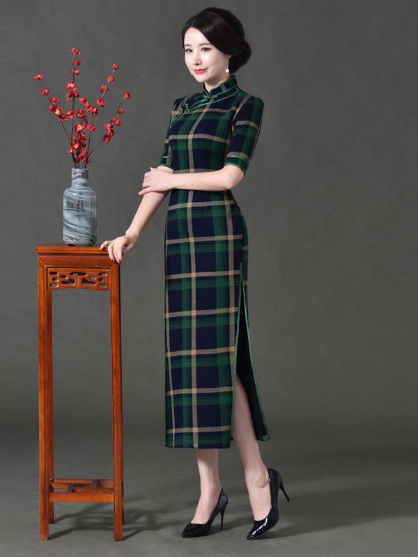 Vintage Plaid Split-Side Long Cheongsams