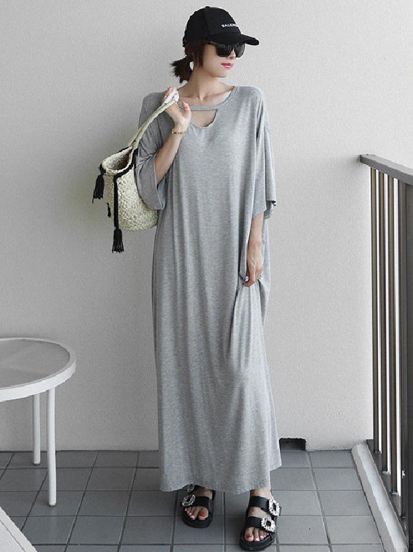 Loose Urban Gray Hollow Maxi Dress