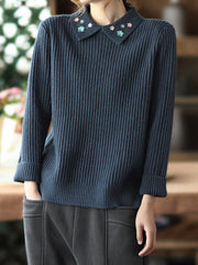 Embroidered Lapel Loose Knitting Sweater