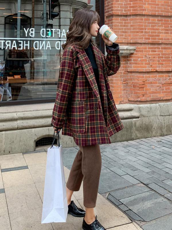 Plaid Suit Collar Short Casual Woolen Coat