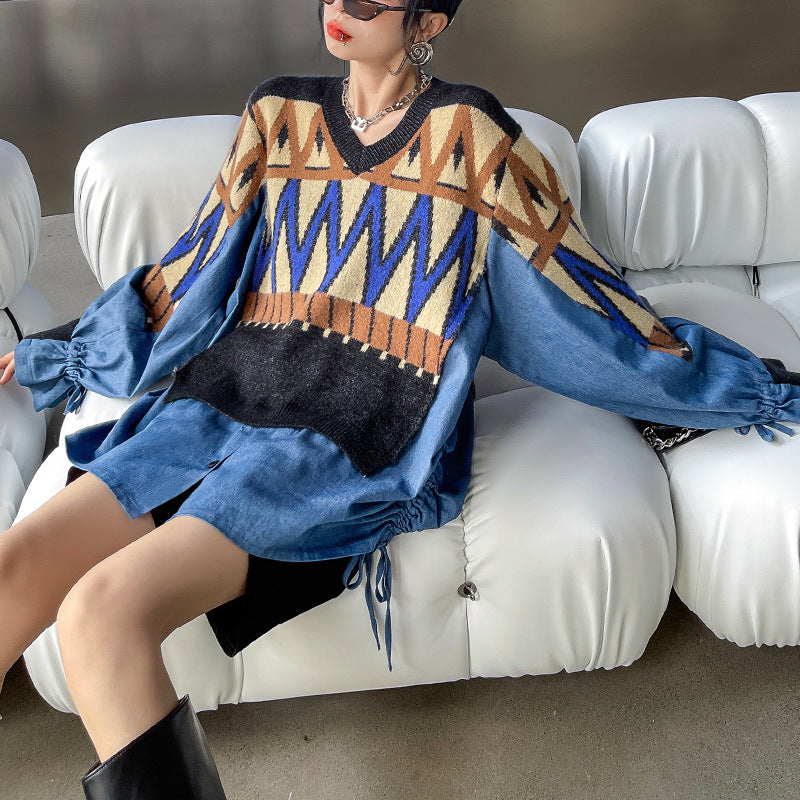 Urban Loose Splicing Denim Sweatshirt