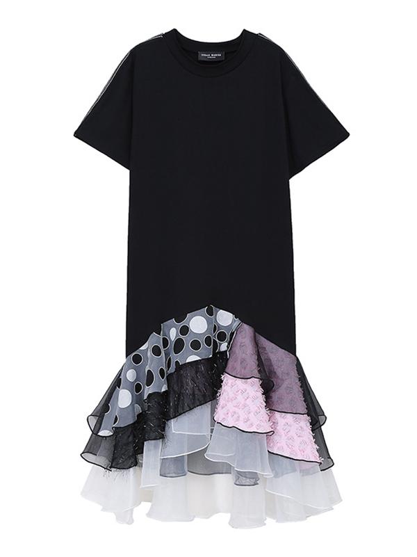 Cropped Mesh Falbala Splicing Dress