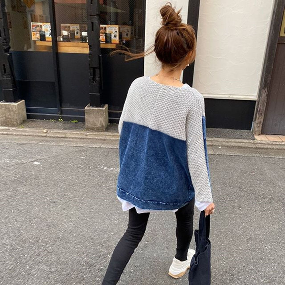 Denim Splicing Plaid Knitted Sweater