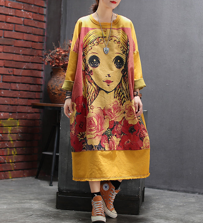 Retro Cartoon Print Round Neck Loose Midi Dress