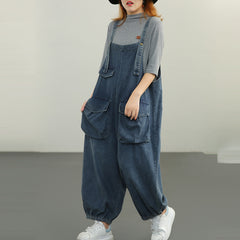 Retro Loose Solid Color Jumpsuit With Pockets