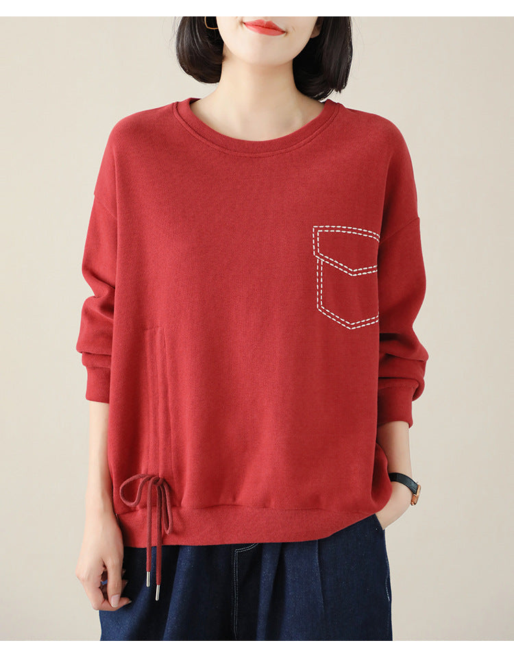 Loose Solid Color Drawstring Sweatshirt