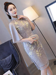 Lace Embroidered Flared Sleeves Short Cheongsam