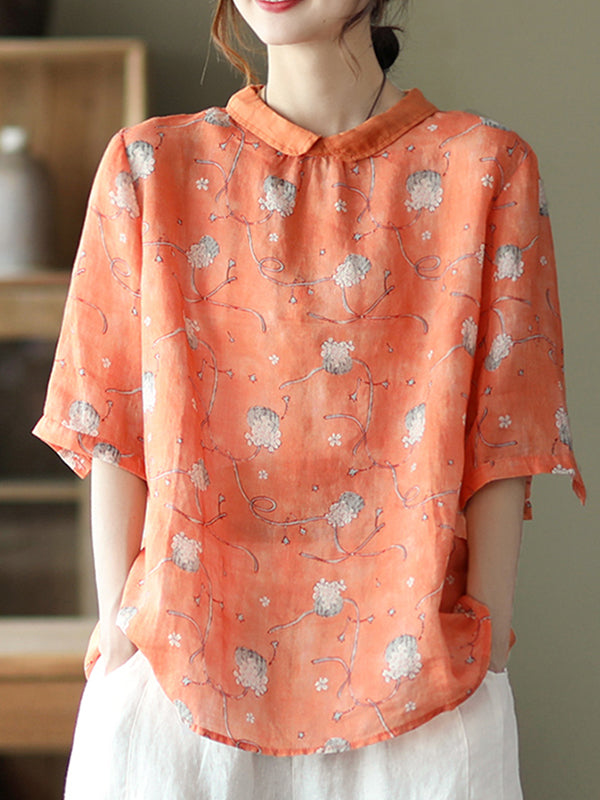 Summer Retro Printed Lapel Blouse