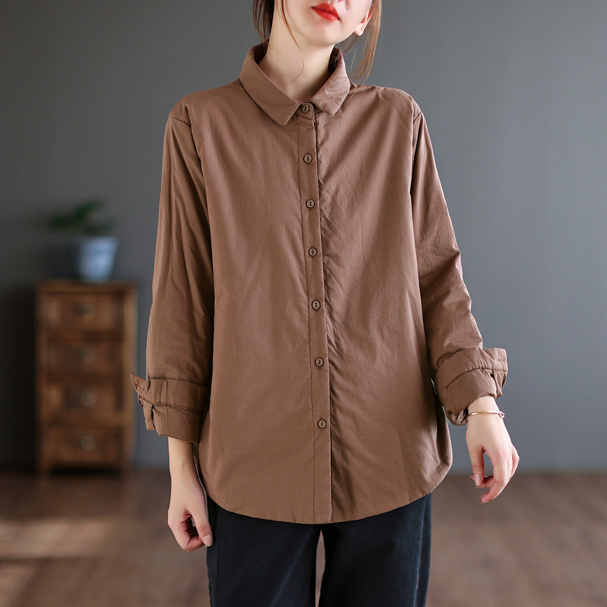 Retro Solid Color Lapel Collar Cotton Shirt