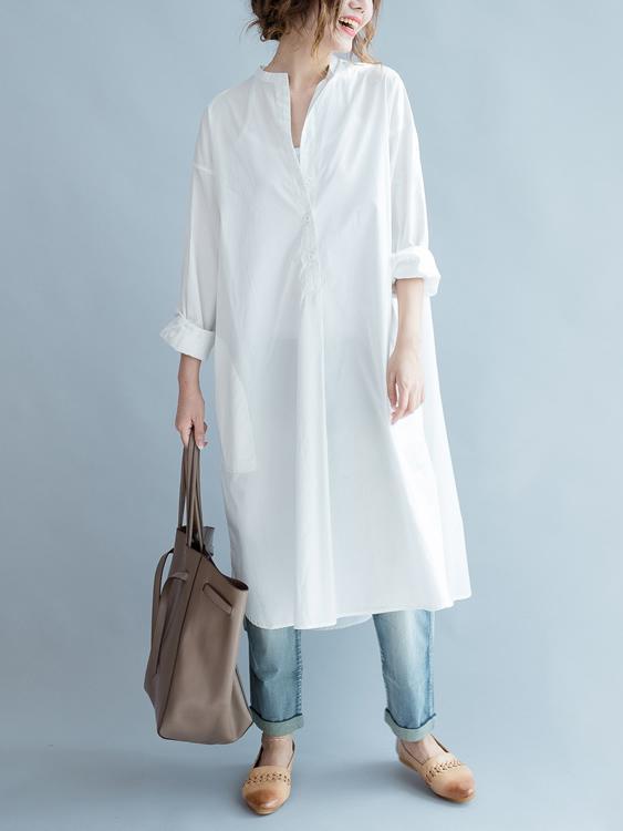Simple Stand-collar White Long Blouse Dress
