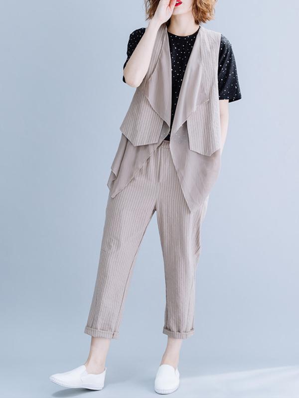 Two-Pieces Striped Cropped Vest And Harem Pants Suits