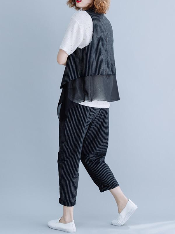 Two-Pieces Striped Cropped Vest And Harem Pants Suits