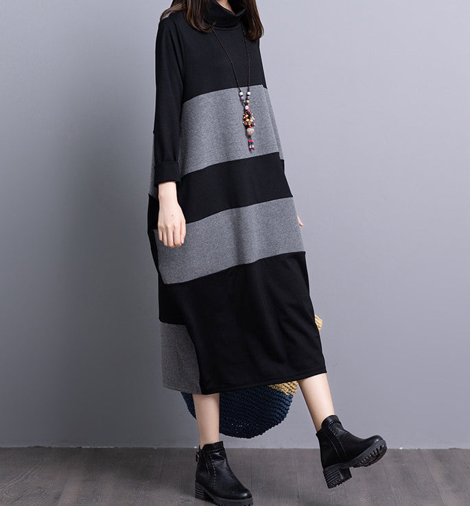 Loose Color Block Striped Knitted Turtleneck Midi Dress