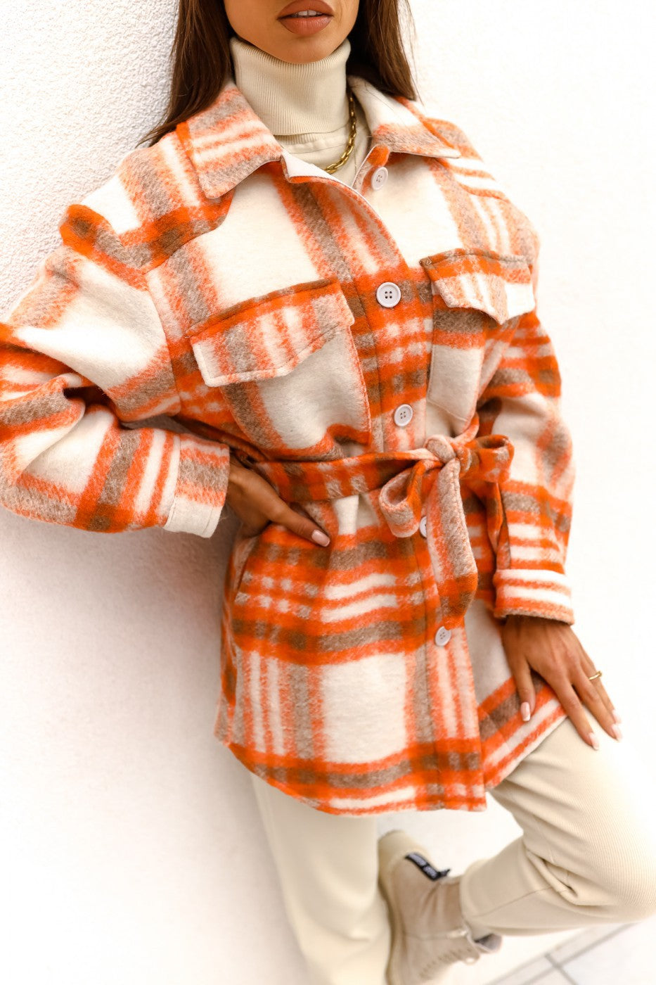 Casual Plaid Long Sleeve Thicken Shirt With Belt