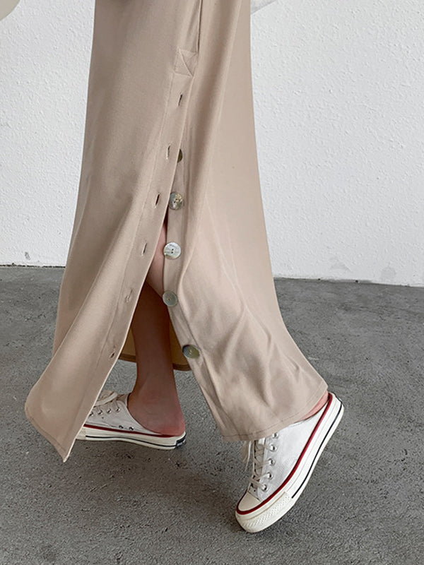 Side Seam Slit Button All-Match Dress