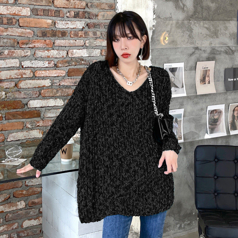 Loose V-Neck Long Sleeve Solid Color Knitted Sweater