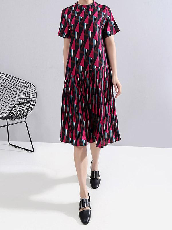 Rhomboid Print Pleat Round Neck Dress