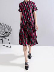 Rhomboid Print Pleat Round Neck Dress