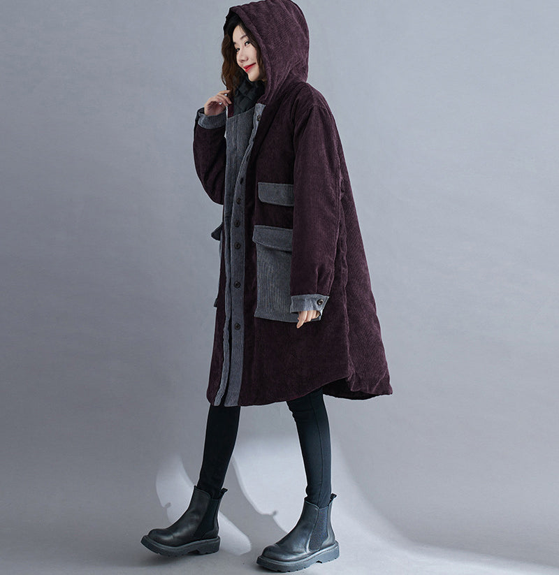 Loose Corduroy Large Pockets Thick Hooded Mid-Length Cotton Coat