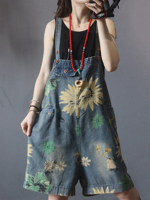 Artistic Retro Floral Denim Overalls