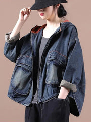 Loose Splicing Denim Hoodie Outwear