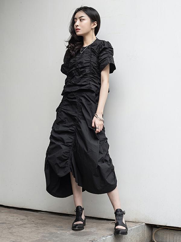 Loose Pleated Solid Puff Sleeve T-Shirt