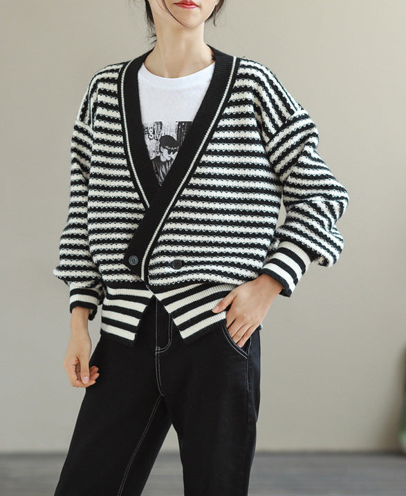 Loose Casual V-Neck Stitching Striped Sweater Coat