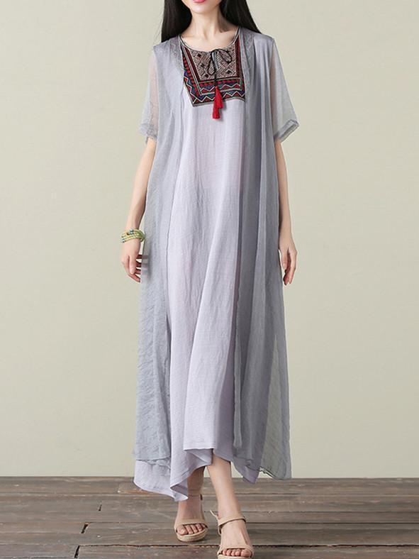 Gray&Blue Embroidered Ramie Cotton Dress