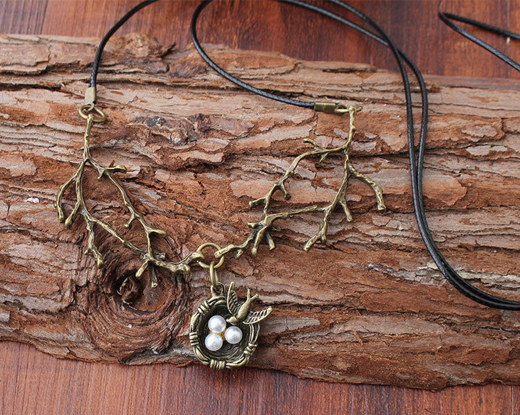 Wax Rope Necklace Alloy Bird's Nest Pendant Necklace