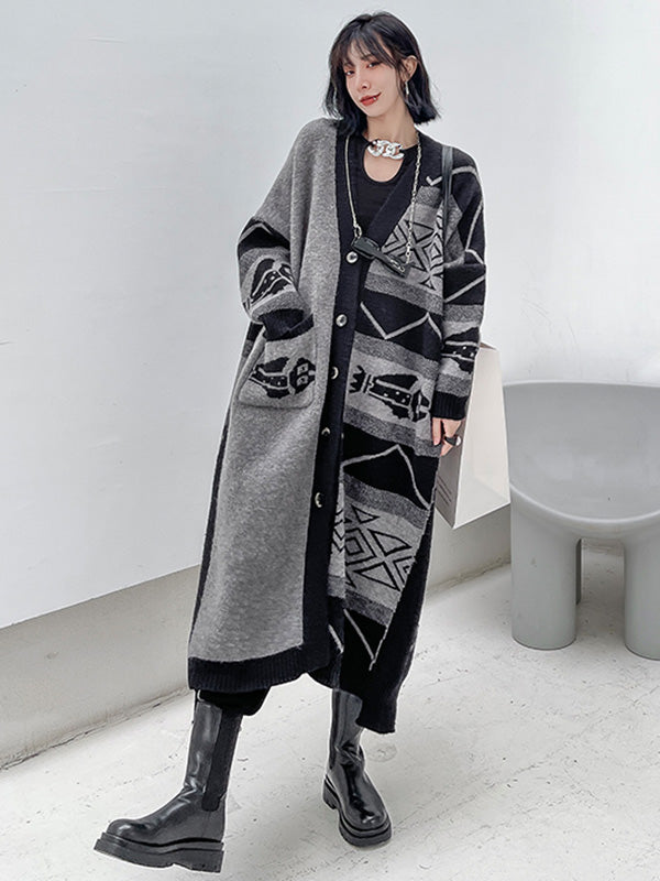 Urban Roomy Knitting Asymmetric Jacquard Cardigan Coat