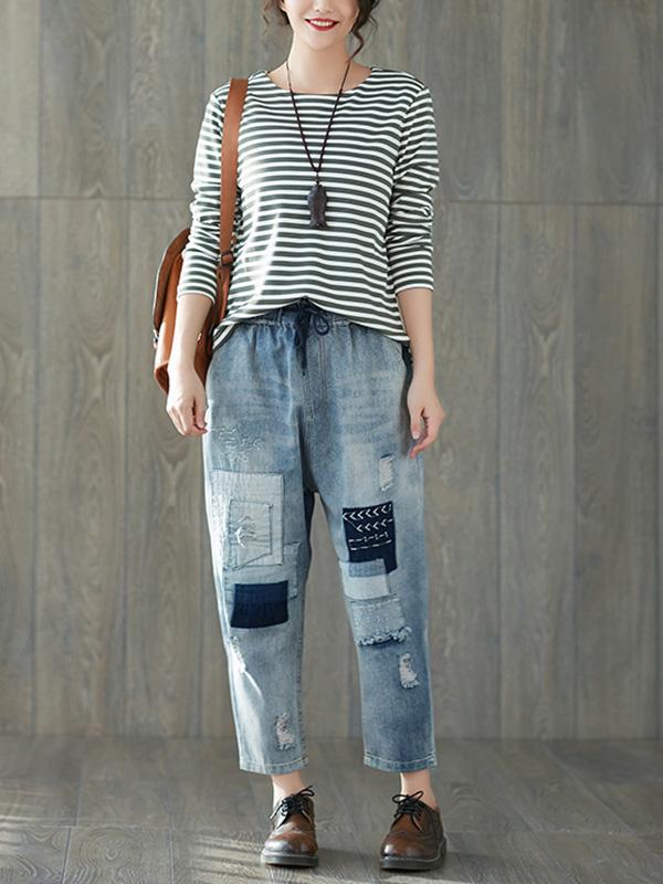 Casual Retro Split-Joint Hole Jean Pants