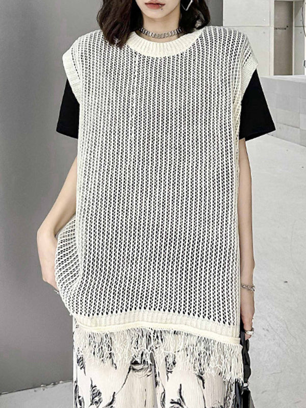 Hollow Pure Color Sun Protection Tasseled Roomy Sleeveless Round-Neck Vest Top